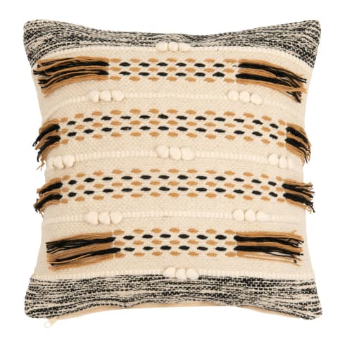 Ecru, Black and Beige Cotton Cushion Cover with Fringing 40x40 Kwena