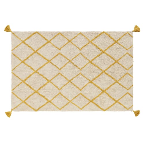 Kids Children's rugs | Ecru Cotton Berber Rug with Mustard Yellow Graphic Motifs 120x180 - KJ91257