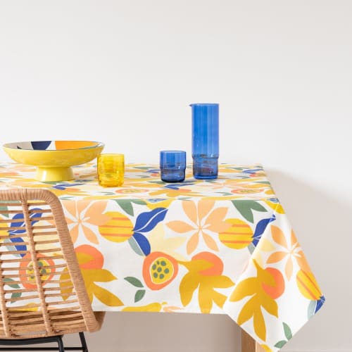 bijgeloof muziek zijde Ecru gecoat tafellaken met gele, blauwe en koraalrode exotische print 150 x 250  cm TROPICOLOR | Maisons du Monde