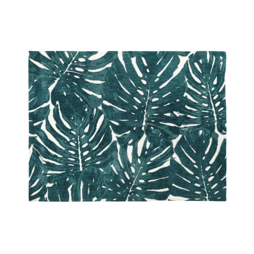 Ecru getuft tapijt met groene blaadjesprint 140x200