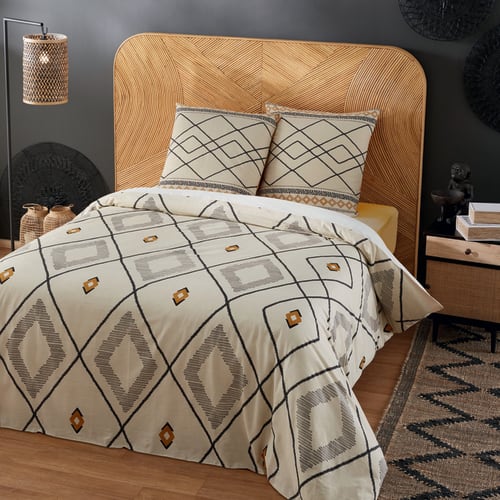 Soft furnishings and rugs Bedding | Ecru, Grey, Black and Mustard Yellow Cotton Bedding Set with Print 220x240 - AC88295