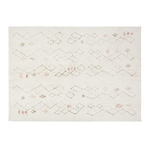 Ecru recycled cotton rug with multicoloured diamond print 140x200cm