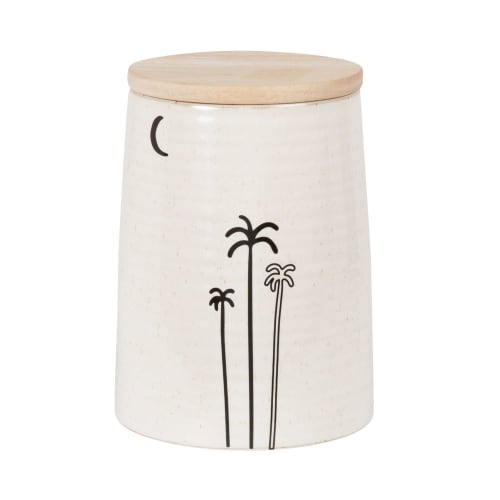 Ecru stoneware pot with black palm tree motif and wooden lid H15cm