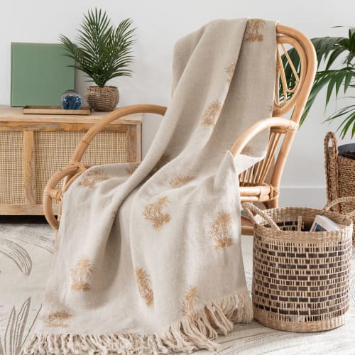 Textil Decken und Bettüberwürfe | Ecrufarbene Decke aus Leinen und Baumwolle mit gewebten gelben Palmen, 160x210cm - BH69628