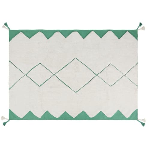 Kids Teppiche für Kinder | Ecrufarbener Webteppich mit grün getufteten Rautenmotiven, 120x180cm - GR09366