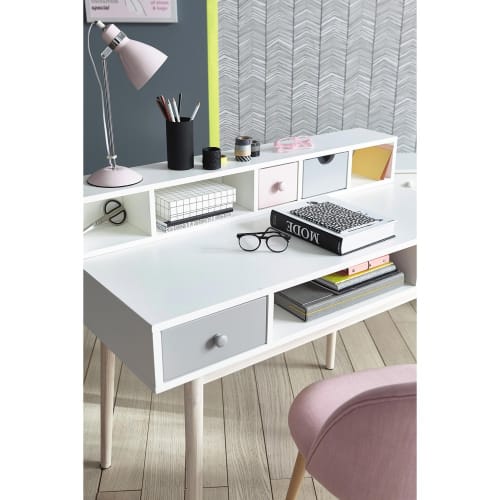 Muebles Escritorios | Escritorio vintage blanco con 2 cajones gris y rosa - GX04806
