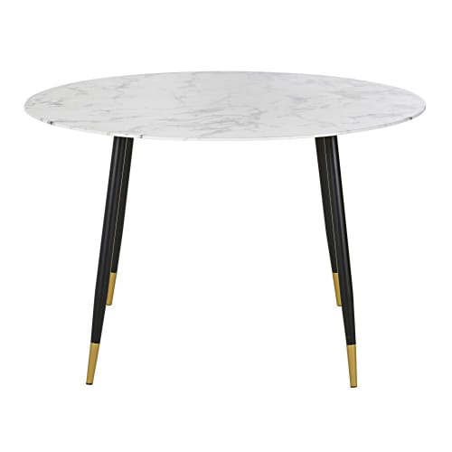 Möbel Esstische | Esstisch aus Glas mit weißer Marmoroptik und messingfarbenem und schwarzem Metall, 5/6 Personen, D120cm - XV10859