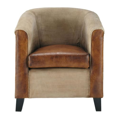 Canapés et fauteuils Fauteuils | Fauteuil club en coton recyclé et cuir marron - GR52990