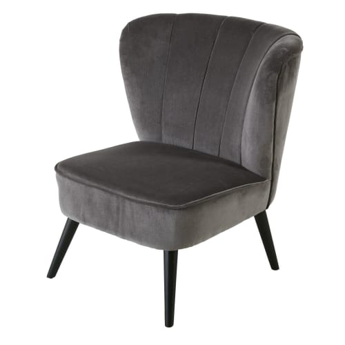 Fauteuil vintage en velours gris pieds en bouleau noir | Maisons du Monde Fauteuil vintage en velours gris pieds en bouleau noir | Maisons du Monde