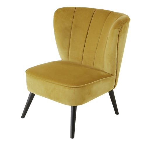 Fauteuil vintage en velours jaune pieds en bouleau noir | Maisons du Monde Fauteuil vintage en velours jaune pieds en bouleau noir | Maisons du Monde