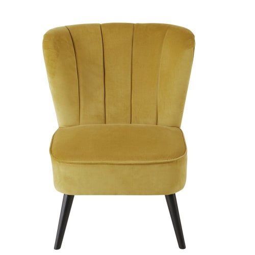 Fauteuil vintage en velours jaune pieds en bouleau noir | Maisons du Monde Fauteuil vintage en velours jaune pieds en bouleau noir | Maisons du Monde
