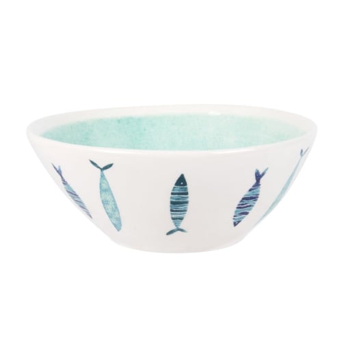 Tischkultur Tassen und Becher | Fayence-Schale, weiß und hellgrün mit aufgedruckten Fischen - TK07540