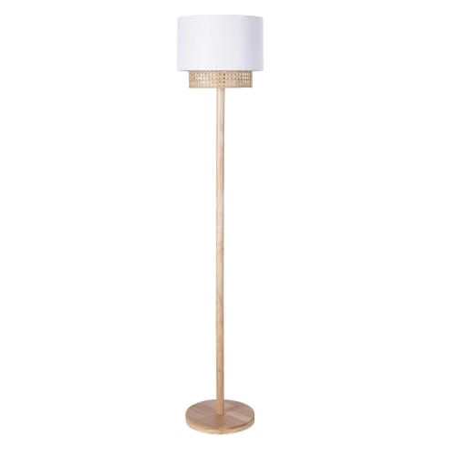 Feste Stehlampe aus Kautschukholz mit Lampenschirm aus Rattan und weißem Stoff, H146cm