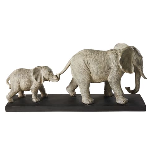 Dekoration Figuren und Statuen | Figur 2 Elefanten, grau mit schwarzem Metallsockel H21 - AT48763