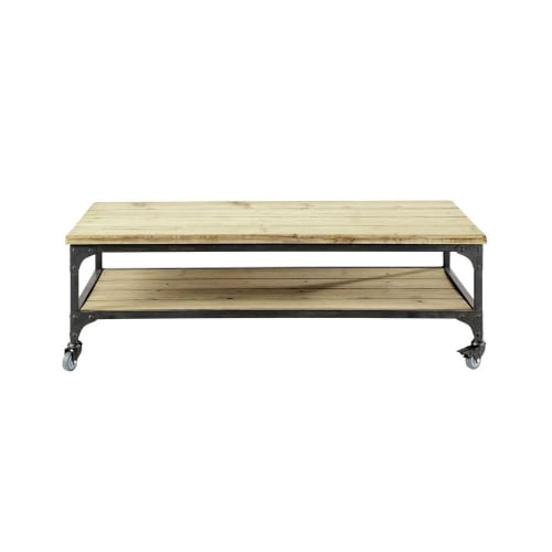 Fir and metal industrial coffee table on castors
