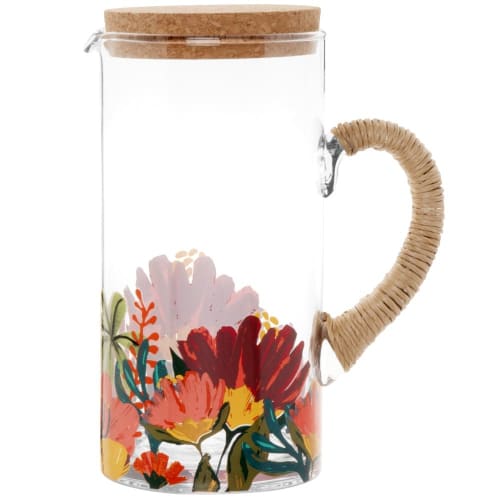 Floral print glass pitcher with raffia handle and cork stopper 1.2L