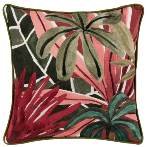 Fodera per cuscino in cotone e lino con stampa floreale rosa, rosso e verde