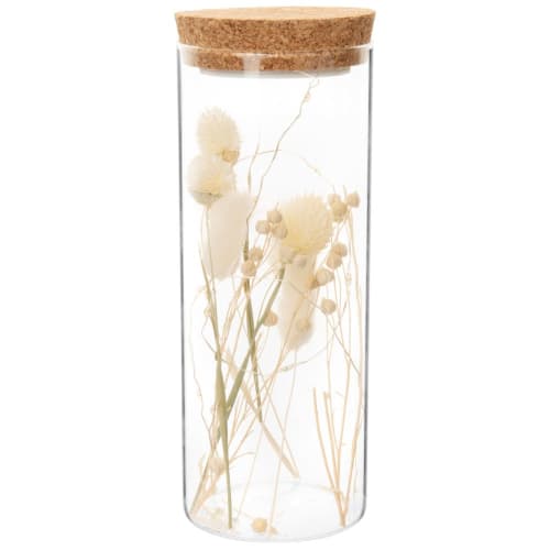 Frasco de cristal con luz, tapa de corcho y flores secas 21 cm
