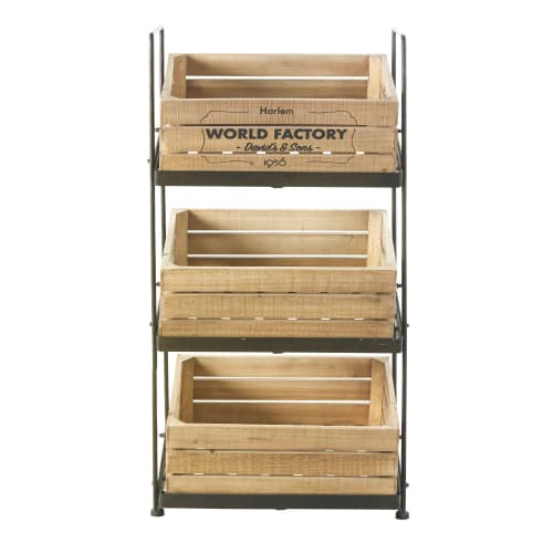 Meubles Petits meubles de rangement | Fruitier en métal noir effet vieilli 3 caisses en pin et sapin - QP30862