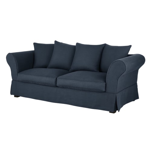 Funda de sofá fijo y cama de 3/4 plazas (6 cm) de lino arrugado azul noche  Roma | Maisons du Monde