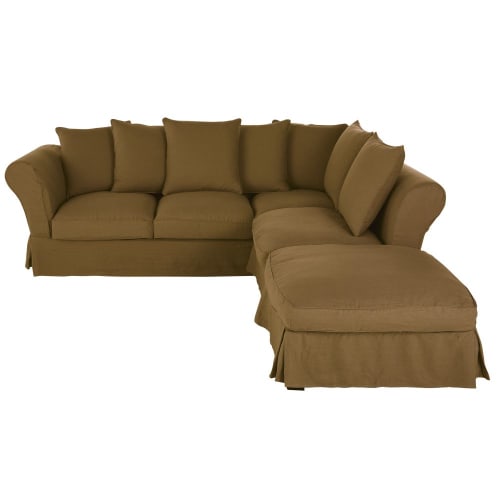 Funda para sofá esquinero convertible de 5 plazas (colchón de 12 cm) de  lino arrugado marrón café Roma | Maisons du Monde