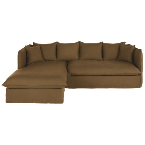 Funda para sofá esquinero izquierdo de lino arrugado marrón oscuro Louvain  | Maisons du Monde