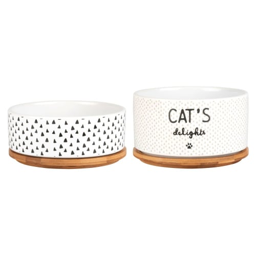 Gamelles En Porcelaine Blanche A Motifs X2 Avec Socle Club Cats Maisons Du Monde