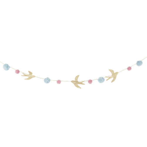 Garland with pom poms and gold swallows L185cm