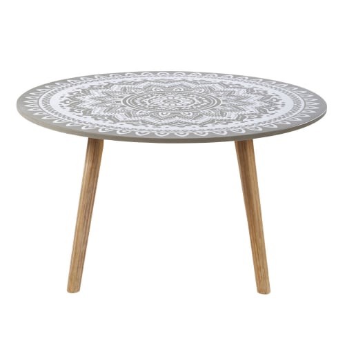 Garten-Couchtisch rund aus Zement und massivem Akazienholz Menhir