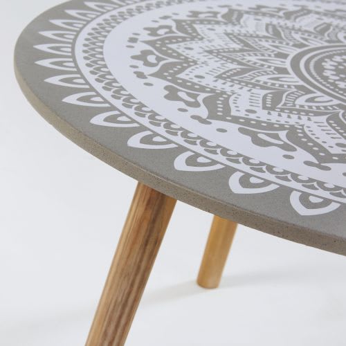 Garten-Couchtisch rund aus Zement und massivem Akazienholz Menhir