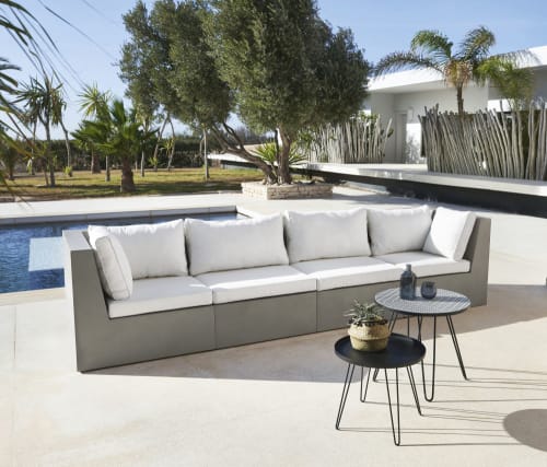 GartenCouchtische aus Fayence mit Motiven und schwarzem Metall (x2