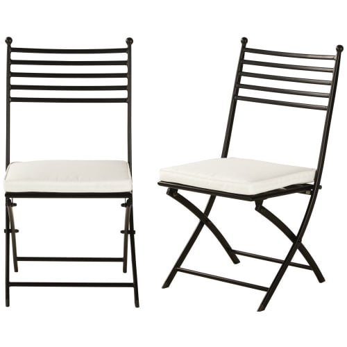 Garten Gartenstühle | Gartenklappstühle aus schwarzem Stahl mit Kissen in gebrochenem Weiß (x2) - IL79110
