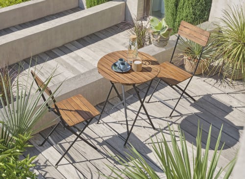 Garten Gartenstühle | Gartenstühle aus massiver Akazie und schwarzem Metall (x2) - UM99668