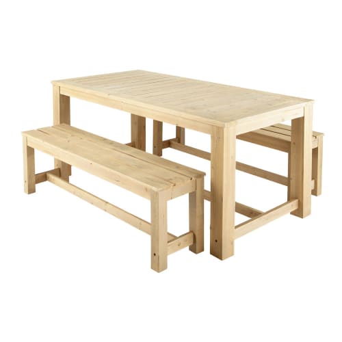 Gartentisch aus Tannenholz, 6 Personen, L180cm und 2 Sitzbänke