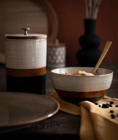Tischkultur Dosen und Bonbonschachteln | Gefäß aus Steinzeug und Bambus in den Farben Beige, Braun und Anthrazitgrau - VR24556