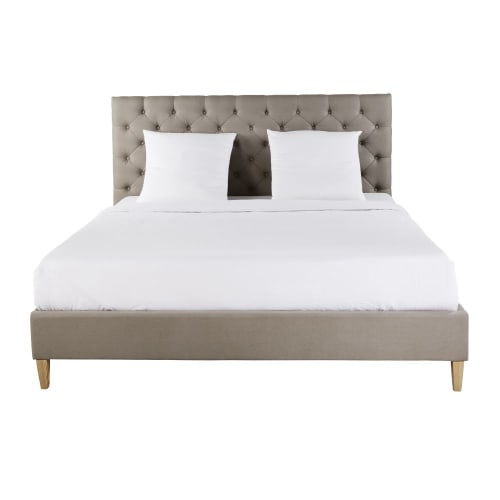 Gepolstertes Bett aus Leinen mit Lattenrost, taupe, 140x190cm
