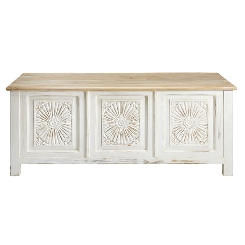 Möbel Aufbewahrungsboxen und Truhen | Geschnitzte weiße Truhe aus gealtertem, massivem Mangoholz - KY52771