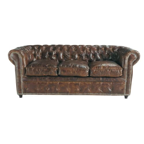 Sofas und sessel Gerade Sofas | Gestepptes 3-Sitzer Sofa aus braunem Leder - XE74870