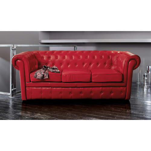 Gestepptes 3 Sitzer Sofa Aus Leder Rot Chesterfield Maisons Du Monde