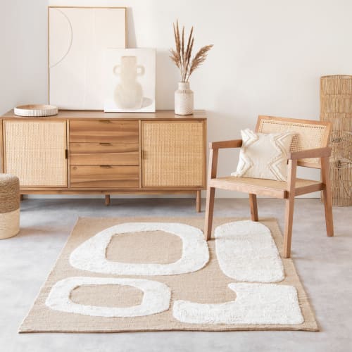 Getufteter Teppich aus Baumwolle und Jute, mit beigefarbenen und weißen grafischen Motiven, 140x200cm