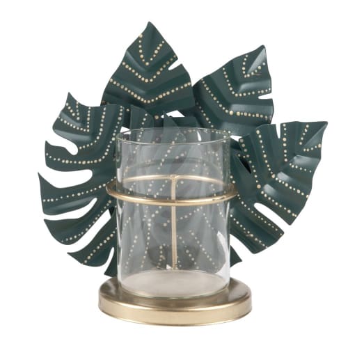 Glass Tealight Holder with Green and Gold Metal Leaves | Maisons du Monde