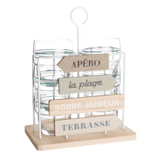 Glass Tumblers (x6) and Paulownia Road Signs Stand