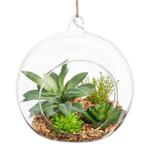 Glazen bol met namaakvetplantjes om op te hangen Maisons du Monde