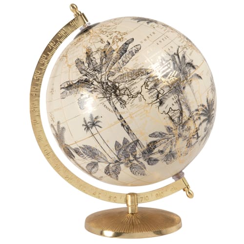 Globe terrestre carte du monde imprimé feuilles beige et métal doré | Maisons du Monde
