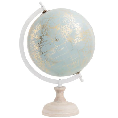 Globe terrestre en bois de palmier blanc carte du monde bleue et dorée | Maisons du Monde