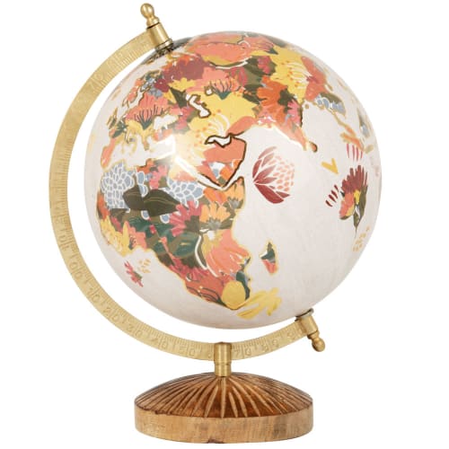 Globus in Weiß und Rosa mit Ständer aus braunem Mangoholz