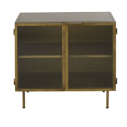 Gold brass-style storage unit in metal with ridged glass swing doors