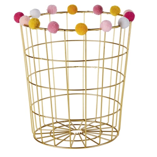 Kids Children's storage boxes and baskets | Gold metal basket with pink, orange and ecru pom poms - IX53578