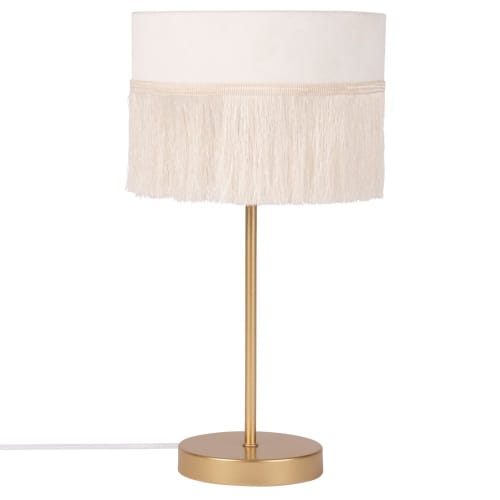 Goudkleurige metalen lamp met lampenkap van witte velours met franjes