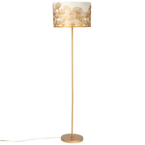 Vervreemden oven Malaise Goudkleurige metalen vloerlamp met witte lampenkap en goudkleurige ginkgo  H153 CADIZ | Maisons du Monde
